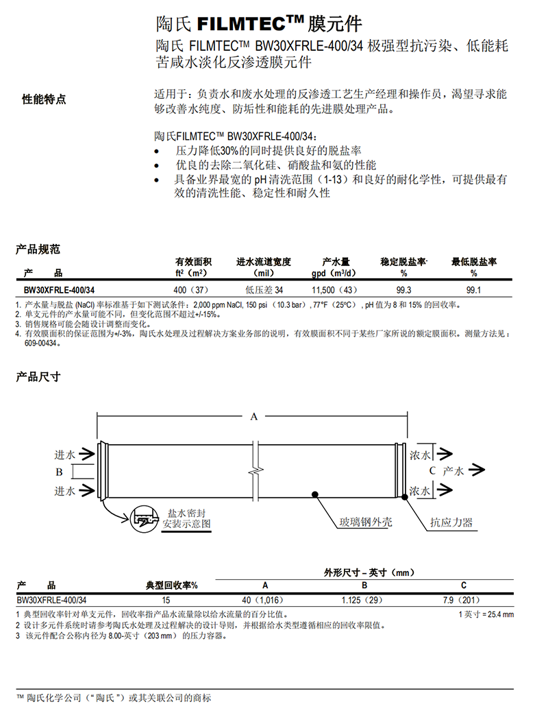 美國陶氏反滲透膜SW30XLE-400參數(shù)