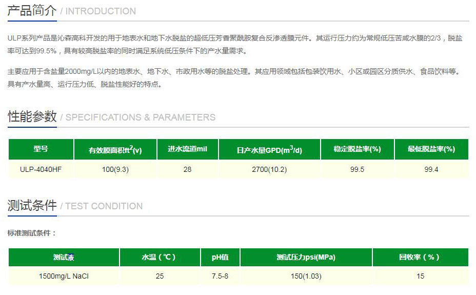 ULP-4040HF反滲透膜性能參數